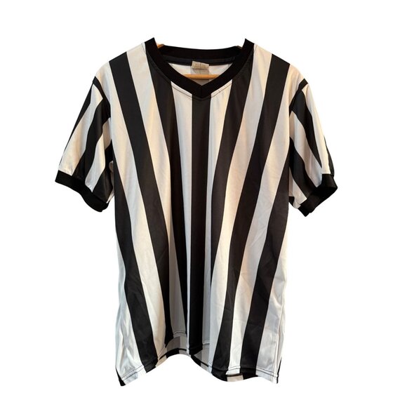 Crown Referee Shirt Mens M Black White Striped Polyester Short Sleeve - Picture 1 of 5